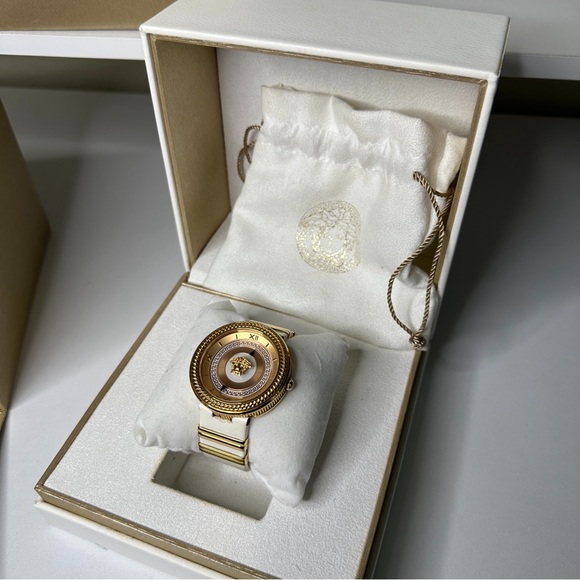 Versace V Metal Icon Gold Dial White & Gold Leather Strap Watch - VLC040014